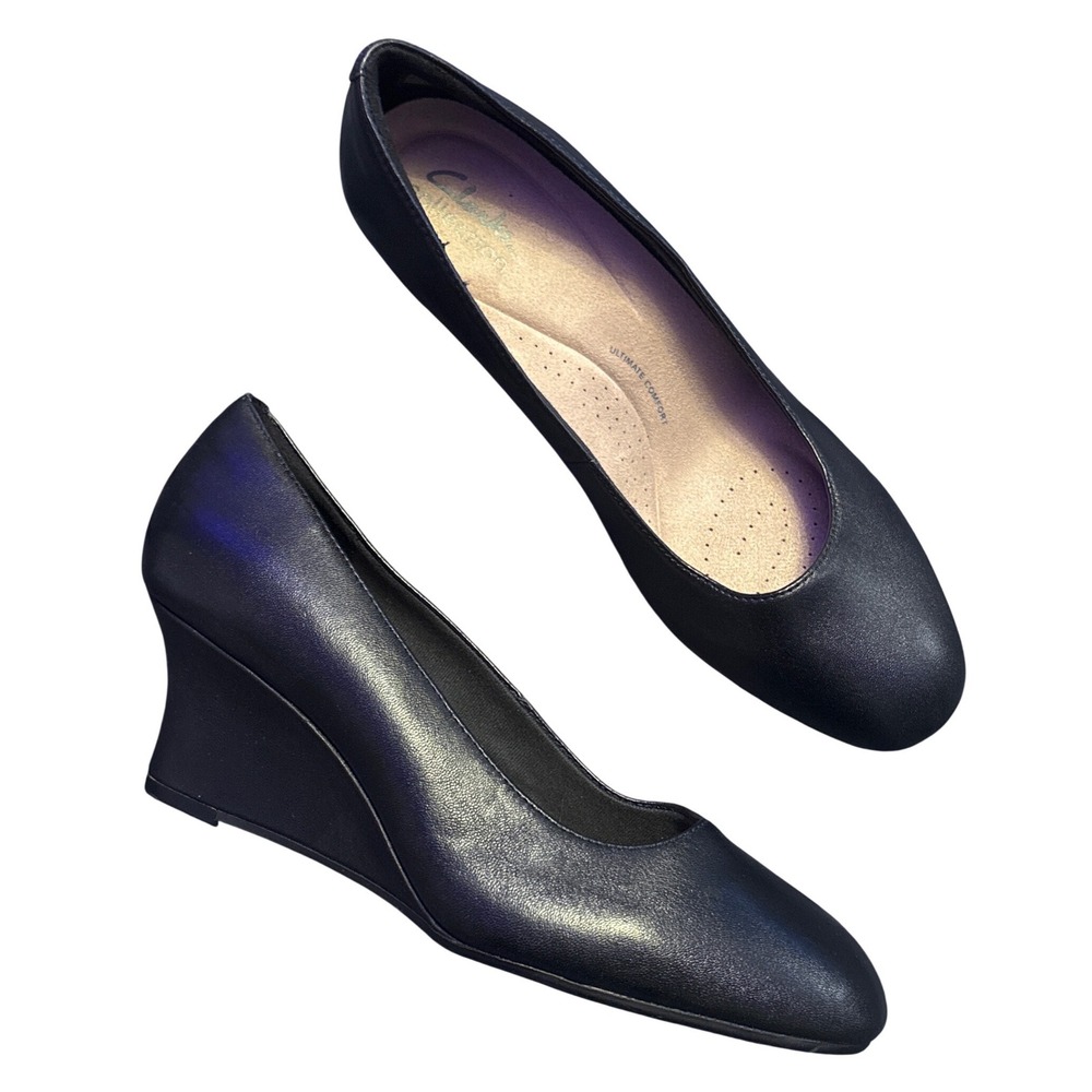 NEW Clarks Collection Women's Black Leather Olivette Pearl Wedge Pumps 9.5 M